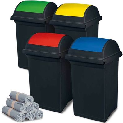 4 Abfallbehälter mit Schwingdeckel blau, gelb, grün, rot, 50 l + 300 Säcke á 100 l