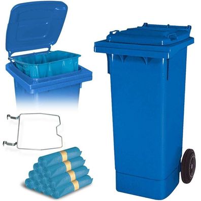 80 Liter Mülltonne blau mit Halter für Müllsäcke, inkl. 250 Müllsäcke