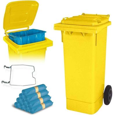 80 Liter Mülltonne gelb mit Halter für Müllsäcke, inkl. 250 Müllsäcke