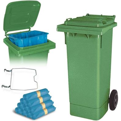 80 Liter Mülltonne grün mit Halter für Müllsäcke, inkl. 250 Müllsäcke