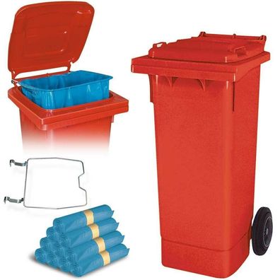 80 Liter Mülltonne rot mit Halter für Müllsäcke, inkl. 250 Müllsäcke
