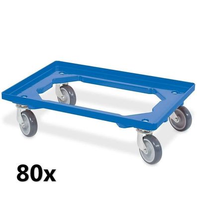 80x Logistikroller für 600x400 mm Behälter, blau, 4 Lenkrollen, graue Gummiräder