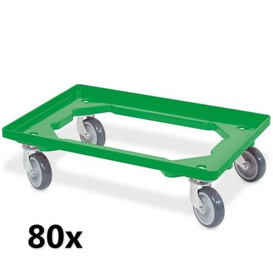 80x Logistikroller für 600x400 mm Behälter, grün, 4 Lenkrollen, graue Gummiräder
