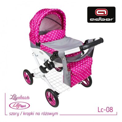 PolBaby Adbor Puppen Kinderwagen Spielzeug Set Lily LC08 Grau / Punkte auf Pink