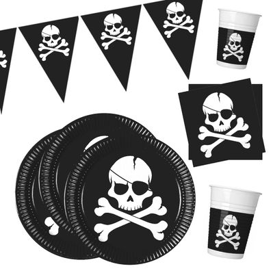 37-tlg. Pirates Black Skull Piraten Party Set 8 Kinder Teller Becher Totenkopf