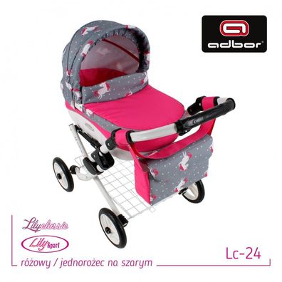PolBaby Adbor Puppen Kinderwagen Spielzeug Set Lily LC24 Pink / Einhorn / Grau