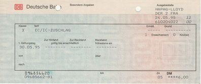 Alte Fahrkarte DB 096856620 EC/ IC - Zuschlag am 30.05.1995