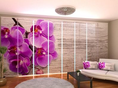 Schiebegardine "Orchideen und helles Holz" Flächenvorhang Gardine mit 3D Fotomotiv
