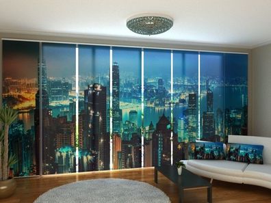 Schiebegardine "Hong Kong am Abend" Flächenvorhang Gardine Vorhang mit 3D Druckmotiv