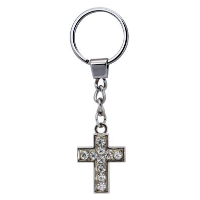 Schlüsselanhänger Kreuz mit zehn funkelnden Strasssteinen Gesamtlänge 10 cm