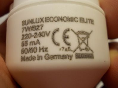 SUNLUX Economic ELITE 7w/827 220-240V 55mA 50/60Hz Made in Germany CE e14 15000h