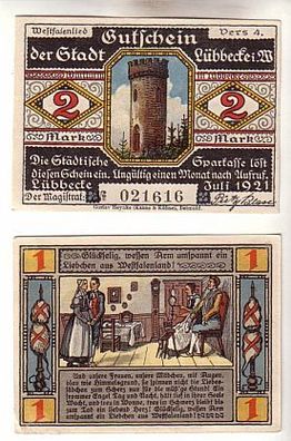 2 Banknoten Notgeld der Stadt Lübbecke 1921