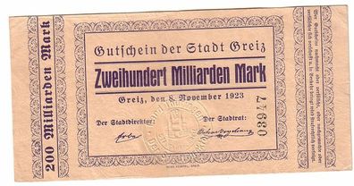 200 Milliarden Mark Inflations Banknote Stadt Greiz 8. November 1923