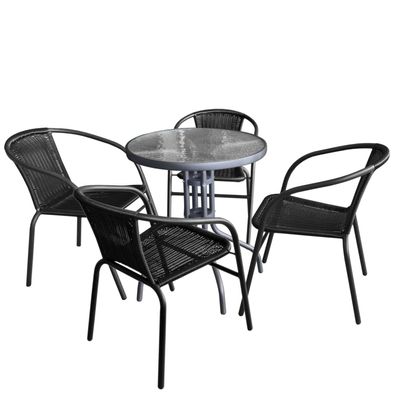 4tlg Gartenmöbel Garnitur Glastisch 60x60cm 3x Polyrattan Stapelstuhl Schwarz