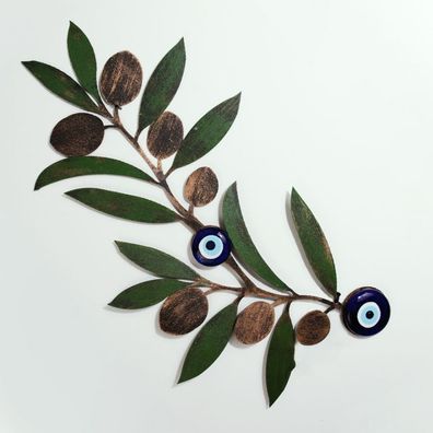 Wanddeko Olivenzweig Boncuk groß aus Metall und Glas Handarbeit H:47cm x B:24cm