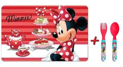 Minnie Maus Frühstücks-Set (Besteck + Platzdeckchen) Set Kinder Gabel Löffel