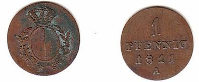 1 Pfennig Kupfer Münze Brandenburg Preussen 1811 A ss+