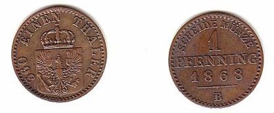 1 Pfennig Kupfer Münze Preussen 1868 B ss