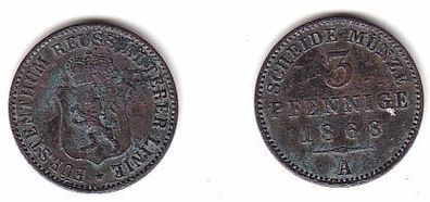 3 Pfennig Kupfer Münze Reuss ältere Linie 1868 A ss