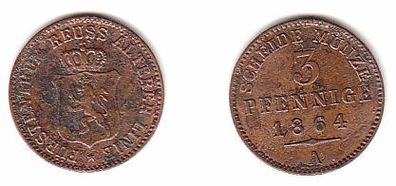 3 Pfennig Kupfer Münze Reuss ältere Linie 1864 A ss