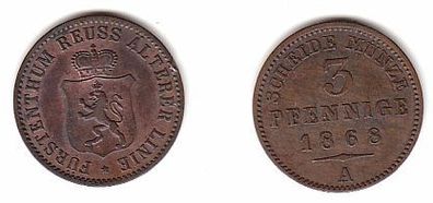 3 Pfennig Kupfer Münze Reuss ältere Linie 1868 A ss, 2 kleine Randkerben