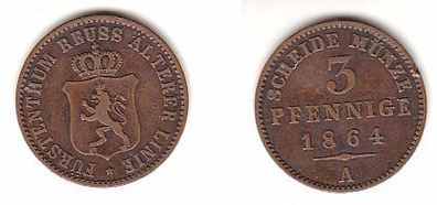 3 Pfennig Kupfer Münze Reuss ältere Linie 1864 A ss, kleine Randkerbe