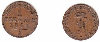1 Pfennig Kupfer Münze Reuss jüngere Linie 1864 A ss+