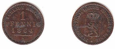 1 Pfennig Kupfer Münze Reuss jüngere Linie 1864 A ss