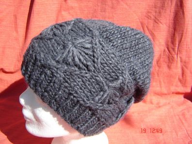 kuschelweiche Strickmütze mit Muster Long Beanie mit Teil Fleecefutter dunkelgrau B5