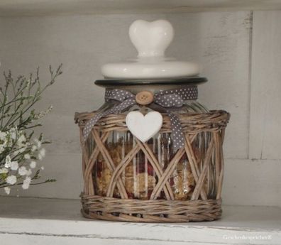 Aufbewahrung Bonboniere mit Keramikdeckel Weidenkorb Holzhänger 1,5 Liter Nostalgie