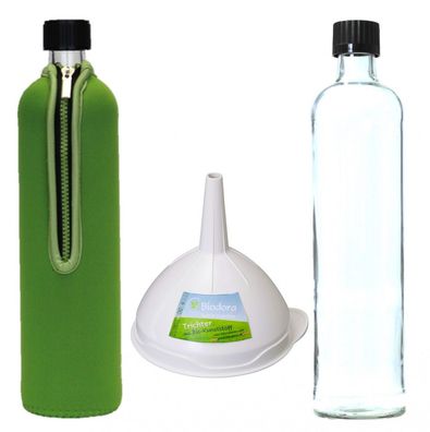 Dora´s Set mit Glasflasche 500 ml mit Neoprenbezug Grün, Ersatzflasche und Trichter