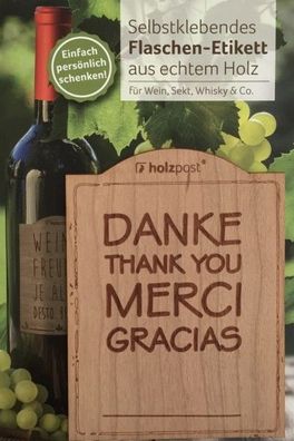 Holzpost Flaschen-Etikett aus Kirschbaumholz "Danke"