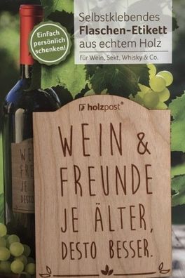 Holzpost Flaschen-Etikett aus Kirschbaumholz "Wein & Freunde"