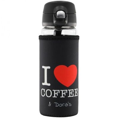 Dora´s Glasbecher 380 ml mit Einhandverschluss und Neoprenbezug I Love Coffee