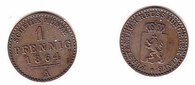 1 Pfennig Kupfer Münze Reuss jüngere Linie 1864 A ss+