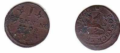 1 Pfennig Kupfer Münze Rostock 1798 f. ss