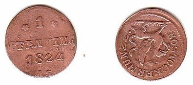 1 Pfennig Kupfer Münze Rostock 1824 A.S. f. ss