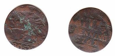 3 Pfennig Kupfer Münze Rostock 1761 s/ ss