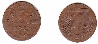 3 Pfennig Kupfer Münze Rostock 1824 A.S. s/ ss