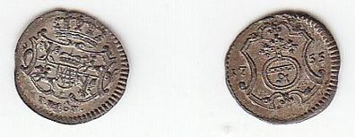 1 Pfennig Billon Münze Sachsen 1755 FWoF ss+