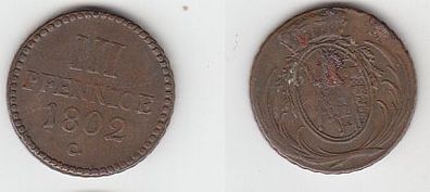 3 Pfennige Kupfer Münze Sachsen 1802 C f. ss
