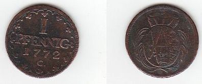 1 Pfennig Kupfer Münze Sachsen 1772 C s/ ss