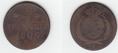 4 Pfennige Kupfer Münze Sachsen 1809 H s/ ss