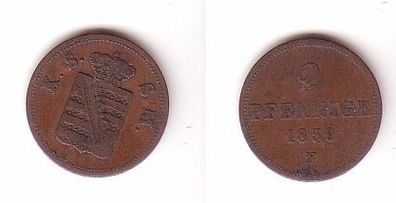 2 Pfennige Kupfer Münze Sachsen 1859 F f. ss