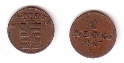 2 Pfennige Kupfer Münze Sachsen 1847 F ss