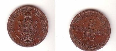2 Pfennige Kupfer Münze Sachsen 1869 B f. ss