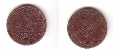 2 Pfennige Kupfer Münze Sachsen 1869 B s/ ss