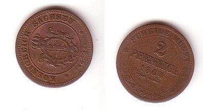 2 Pfennige Kupfer Münze Sachsen 1864 B f. ss
