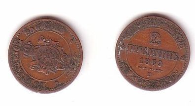 2 Pfennige Kupfer Münze Sachsen 1869 B sehr schön