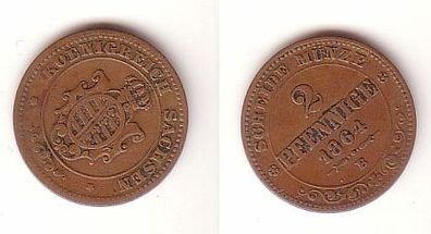 2 Pfennige Kupfer Münze Sachsen 1864 B fast sehr schöne